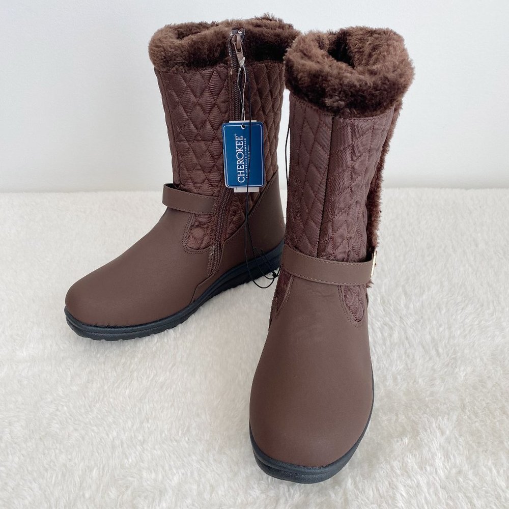 Cherokee Women's Mid Calf Boots, Zip Side, Faux Fur Lining, Brown, Size 9